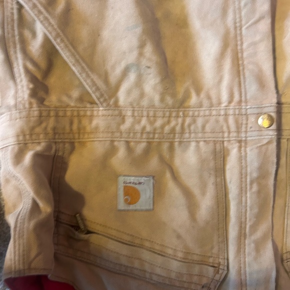 Khaki distressed Carhartt Overalls with Red Lining - Picture 4 of 9